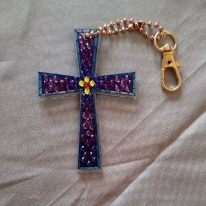 Double Sided Purple Rhinestone Cross Keychain